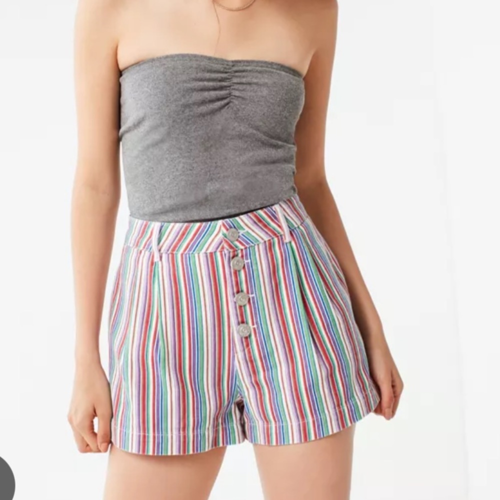 Multicolor Striped High Waist Button Jean Shorts